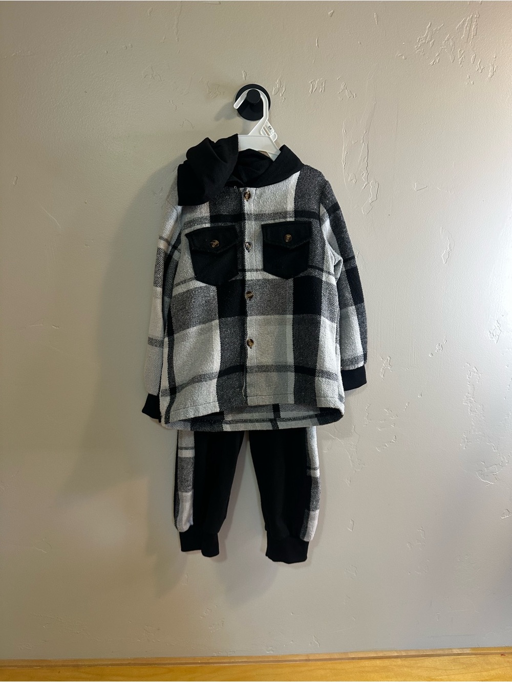 Toddler Boys Black & White Plaid Hooded Shacket Set 4-5T